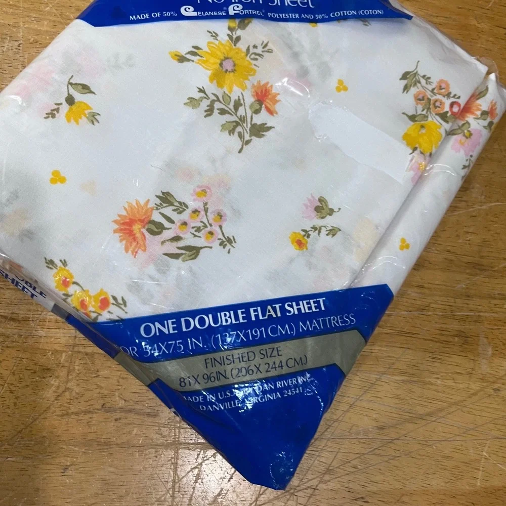 Vtg Dan River Floral Double Flat Sheet 70s Cottagecore Retro Yellow Orange NEW‎